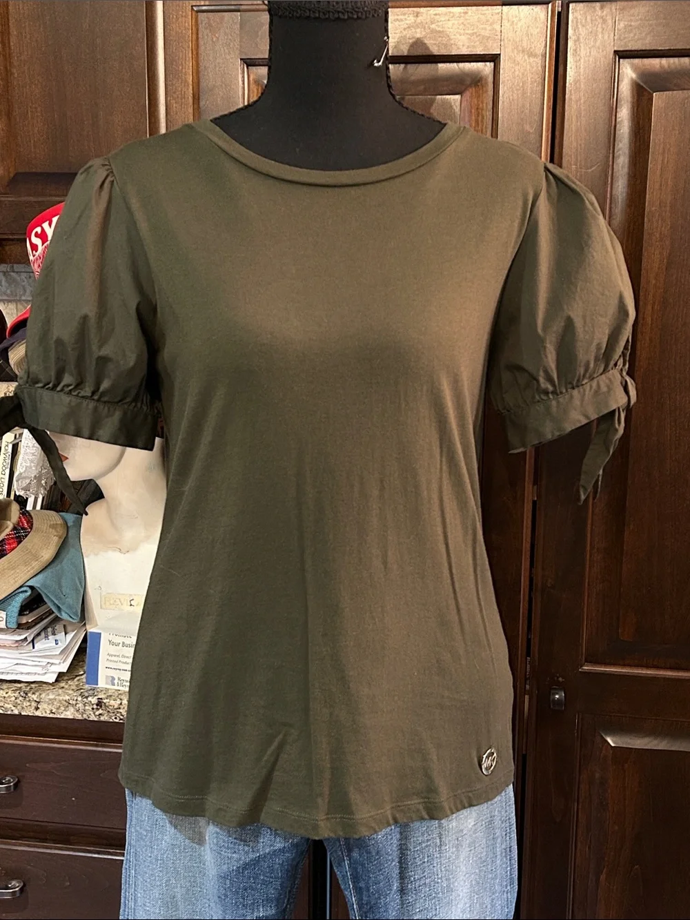 Michael Kors Sz S Women's Olive Puff Sleeve Top